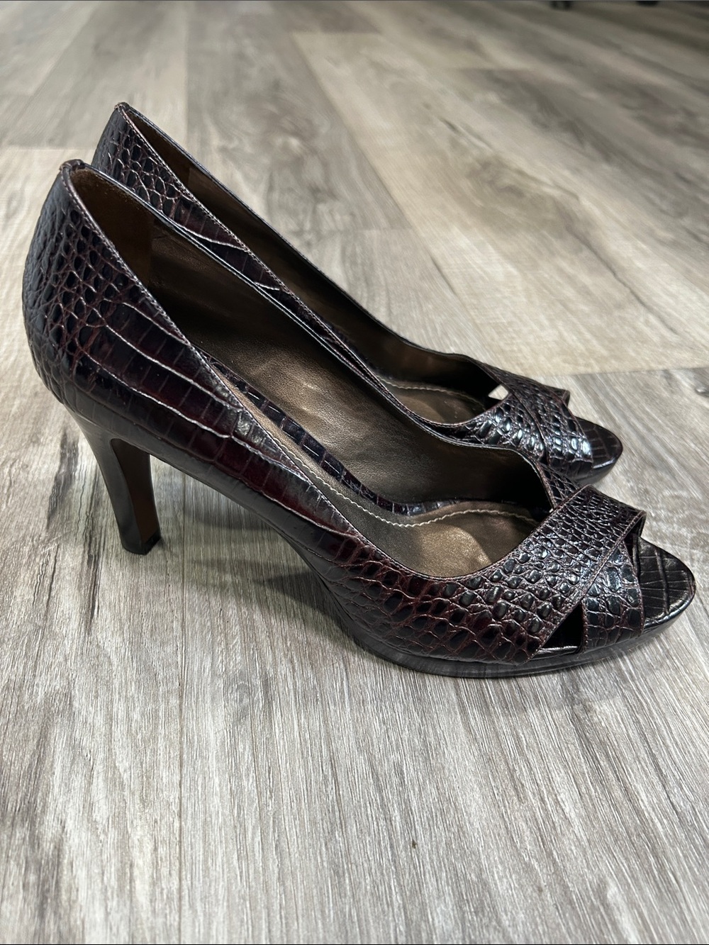 Brown Croc-Embossed Peep Toe High Heels
